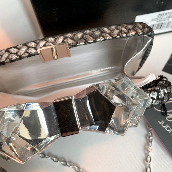 Judith Leiber Overture Hard Shell Woven Silver Black Leather Lucite Bow Clutch - Picture 7 of 16